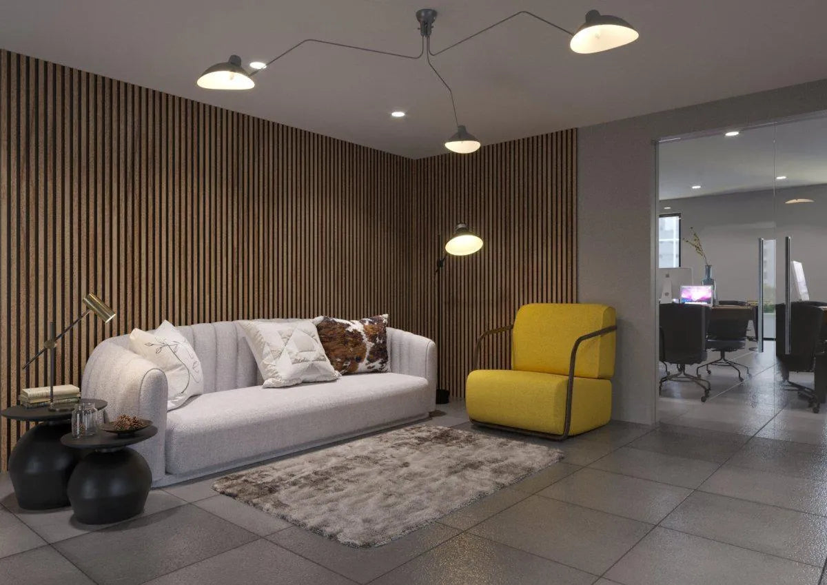 Natural Oak - Black Acoustic Wood Slat Wall Panel living room interior DecorMania.co.uk