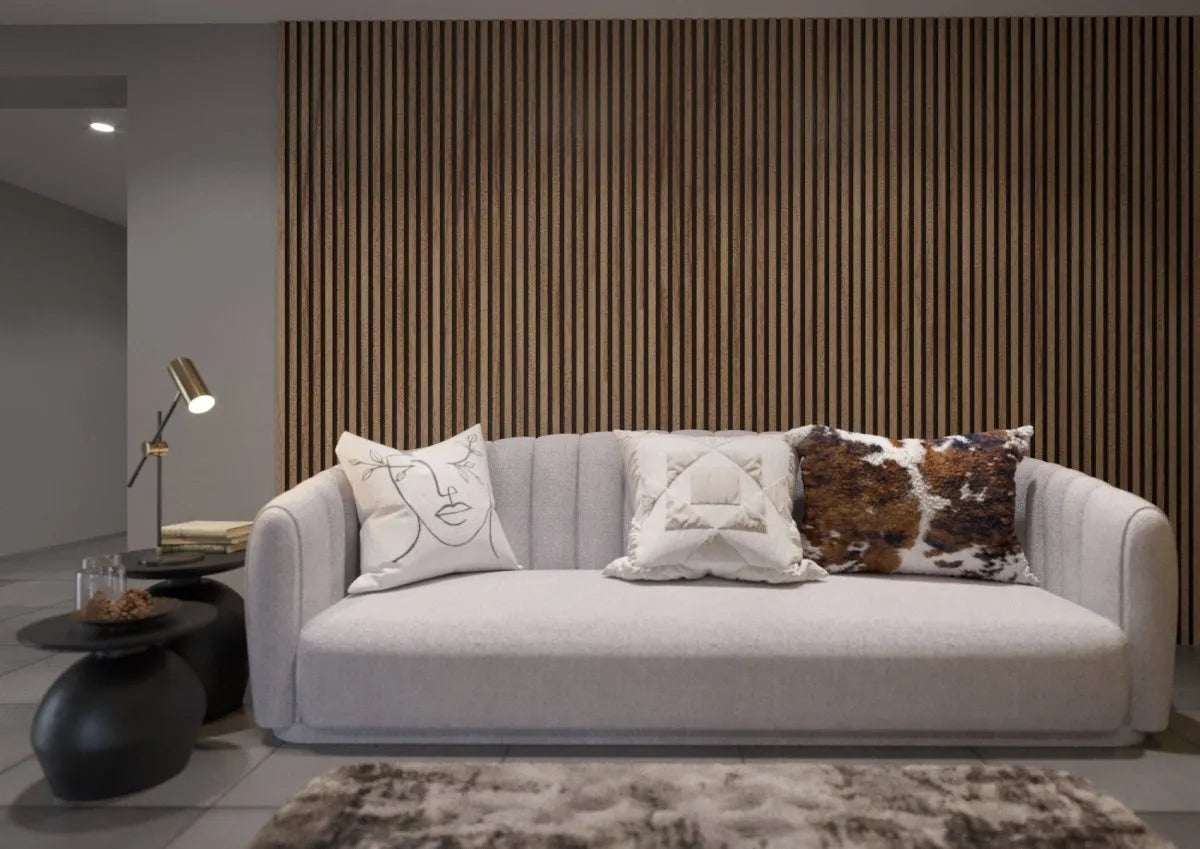 Natural Oak - Black Acoustic Wood Slat Wall Panel in living room interior DecorMania.co.uk