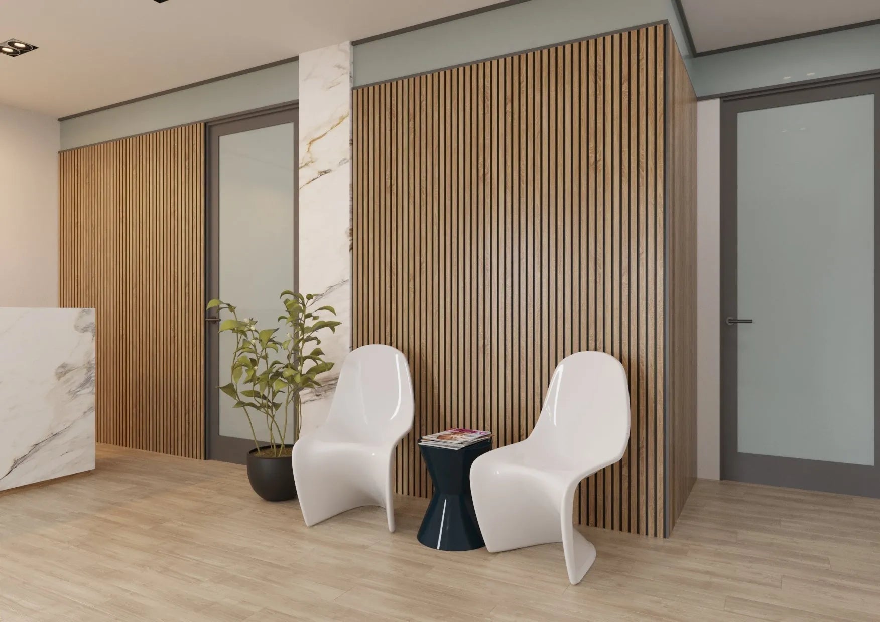 Natural Oak Black Wood Slat Wall Panelling in sitting area 300x60 cm DecorMania UK