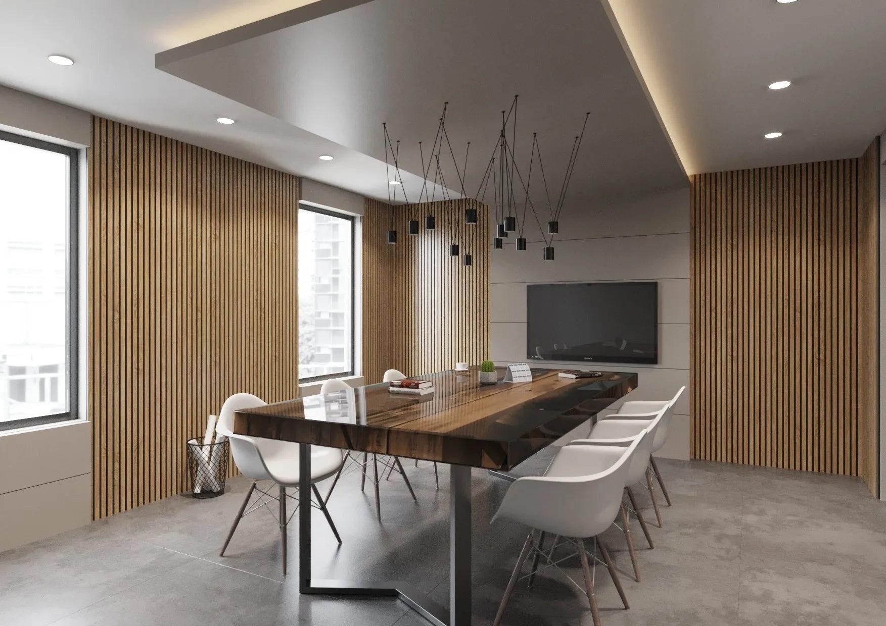 Natural Oak Black Wood Slat Wall Panelling in dining room interior 300x60 cm DecorMania UK