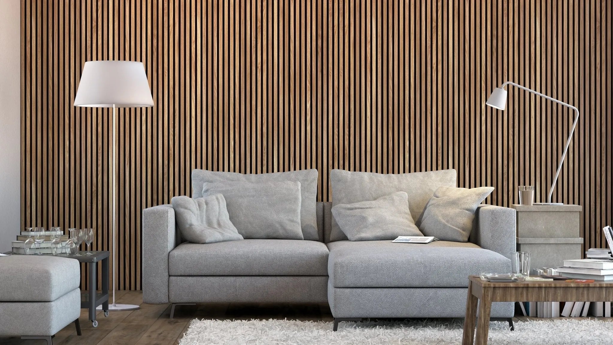 Natural Oak Black Wood Slat Wall Panelling in cozy living room interior 300x60 cm DecorMania UK
