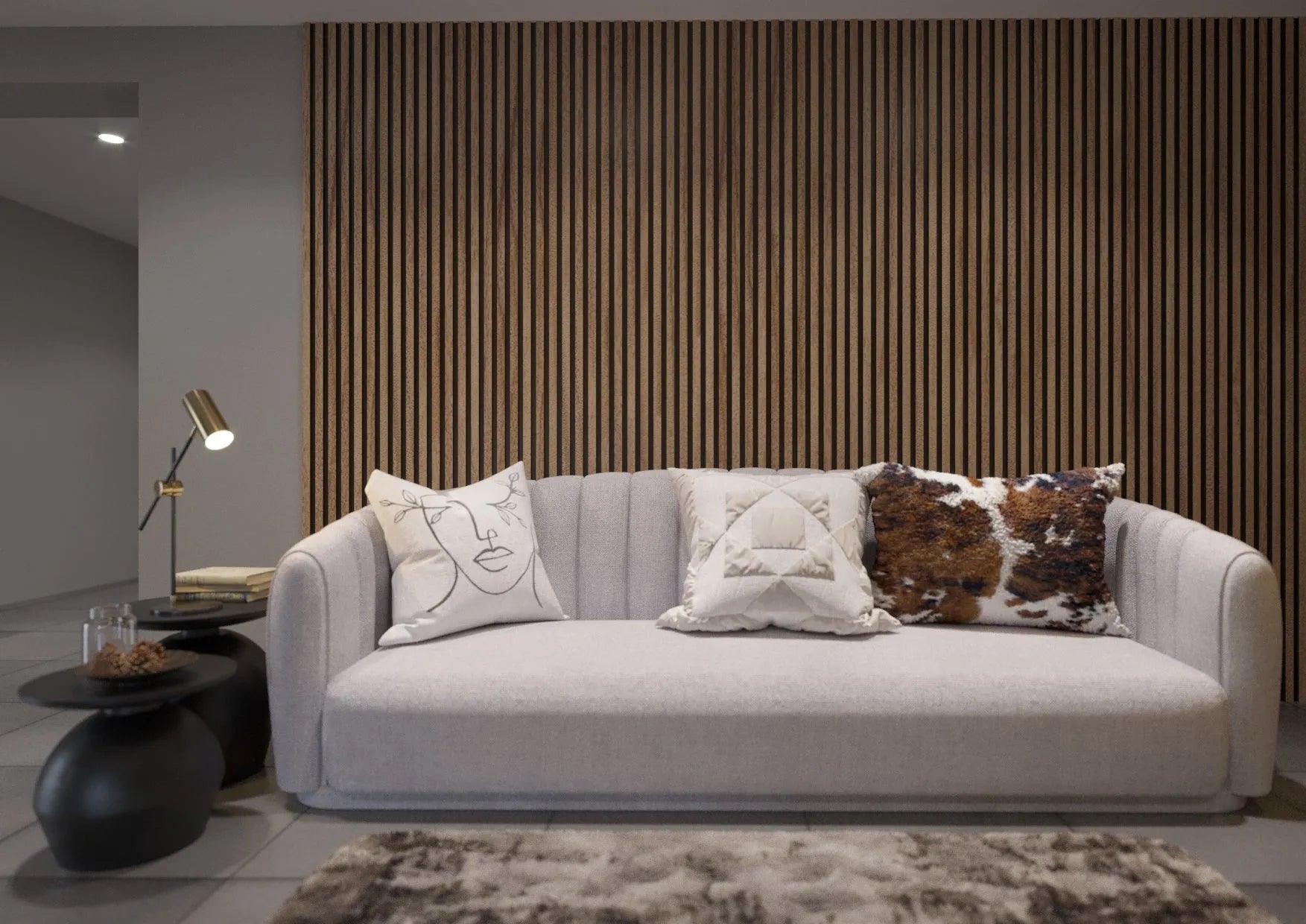 Natural Oak Black Wood Slat Wall Panelling in living room interior 300x60 cm DecorMania UK