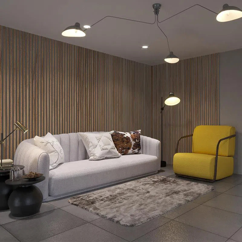 Natural Oak - Grey Acoustic Wood Slat Wall Panel in living room interior DecorMania UK