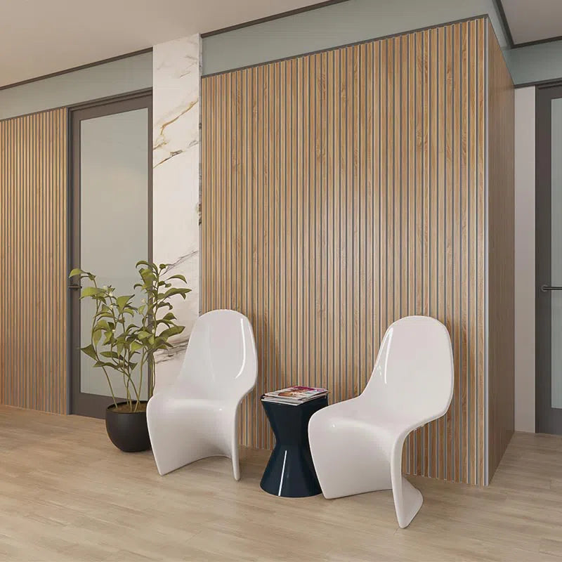Natural Oak - Grey Acoustic Wood Slat Wall Panel in sitting area DecorMania UK
