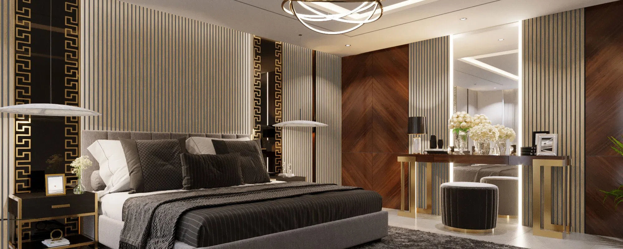 Natural Oak - Grey Acoustic Wood Slat Wall Panel in bedroom interior DecorMania UK
