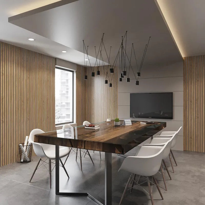 Natural Oak Grey Wood Slat Wall Panelling in dining room interior 300x60 cm DecorMania UK