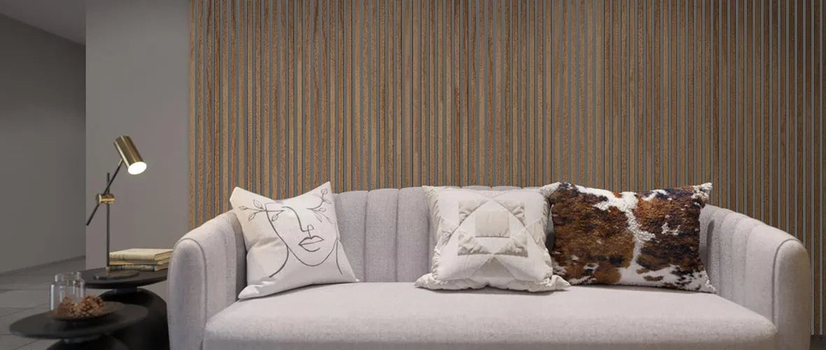 Natural Oak Grey Wood Slat Wall Panelling in living room interior with couch 300x60 cm DecorMania UK