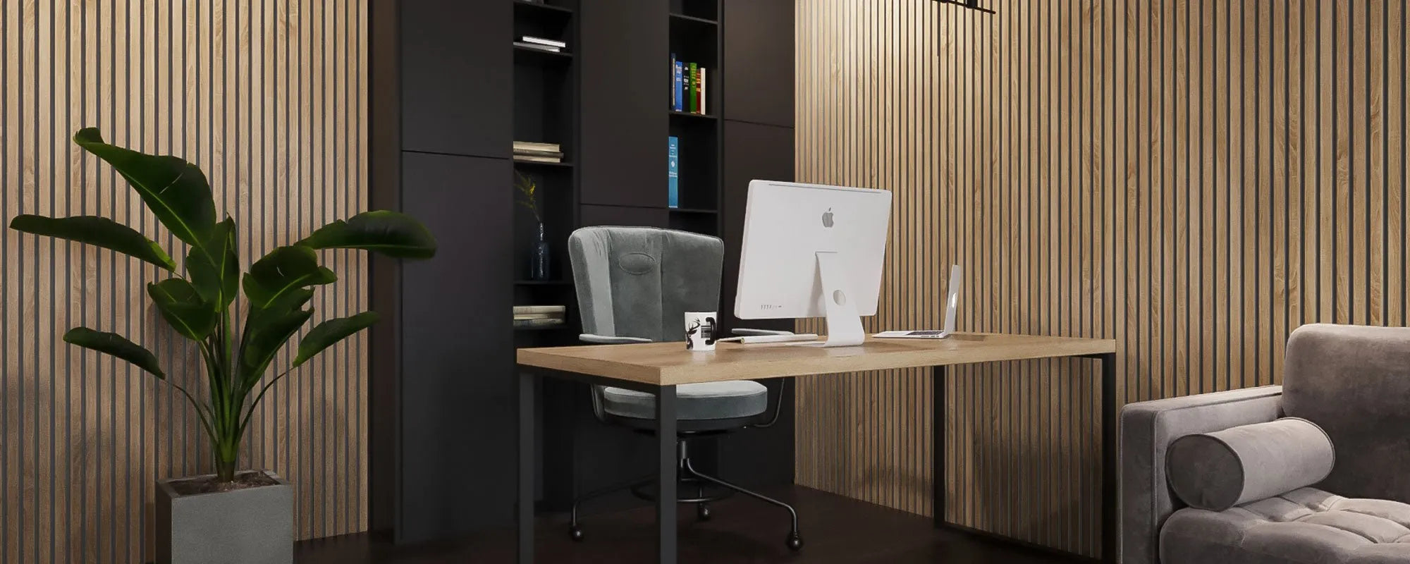 Natural Oak Grey Wood Slat Wall Panelling in office interior 300x60 cm DecorMania UK