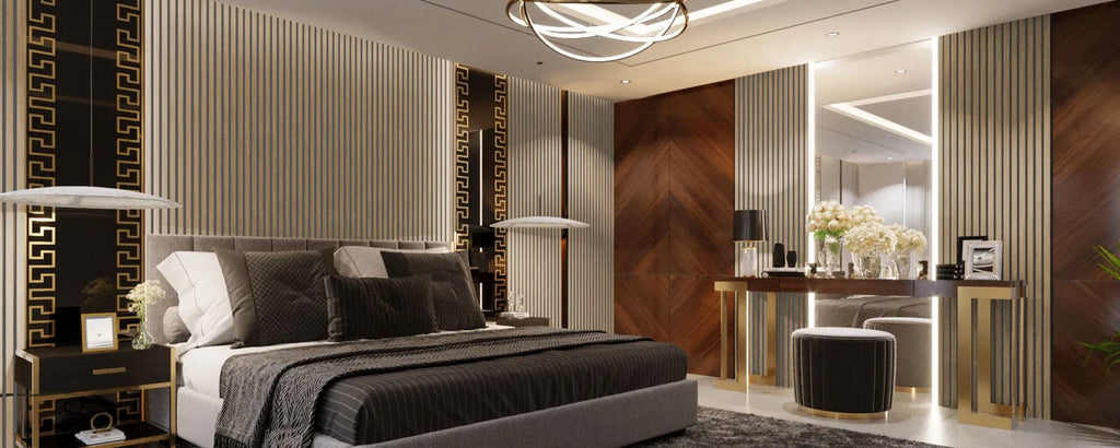 Natural Oak Grey Wood Slat Wall Panelling in bedroom interior 300x60 cm DecorMania UK