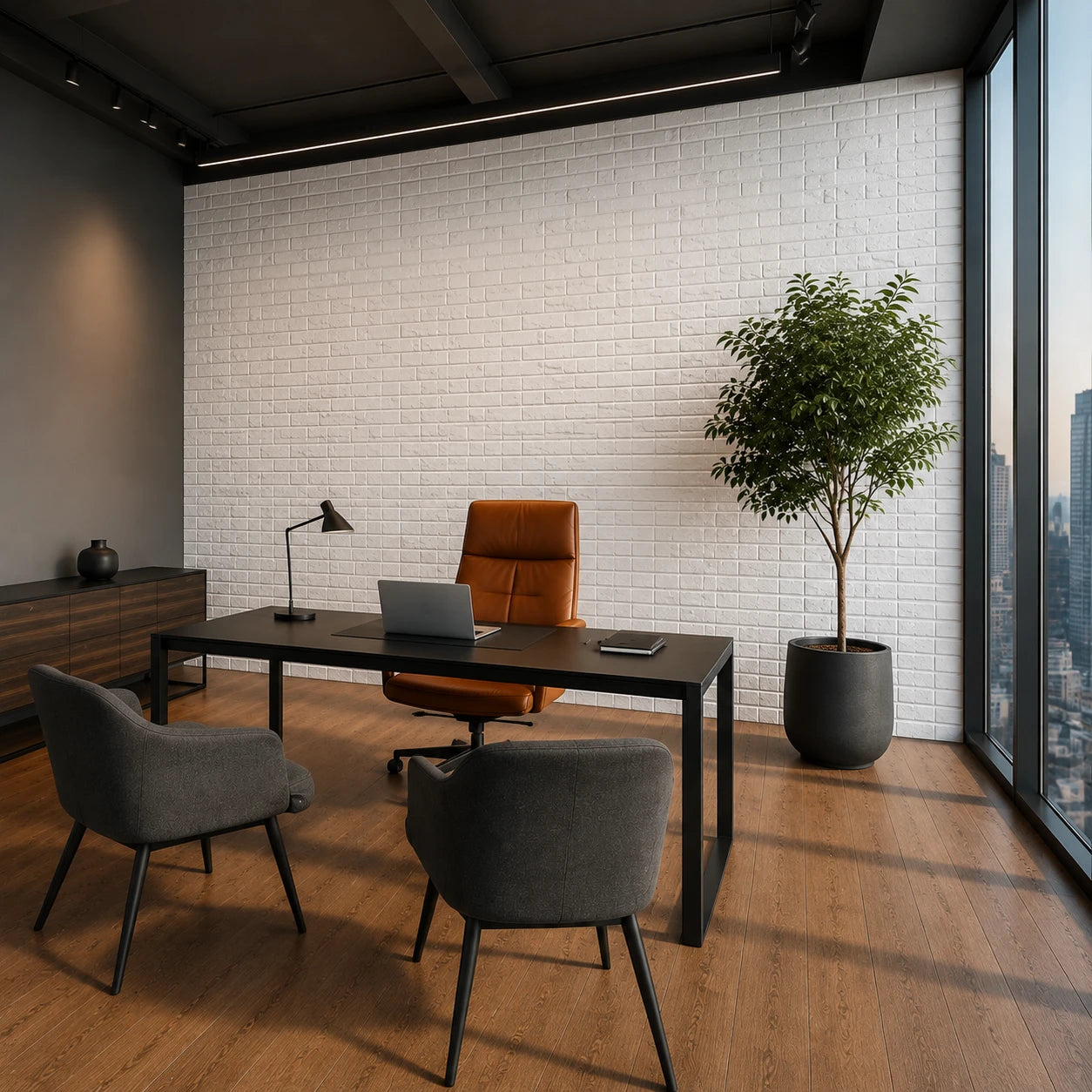 Modern high-rise office with white Old Brick 3D polystyrene wall panels, viewed at a 45-degree angle from the right