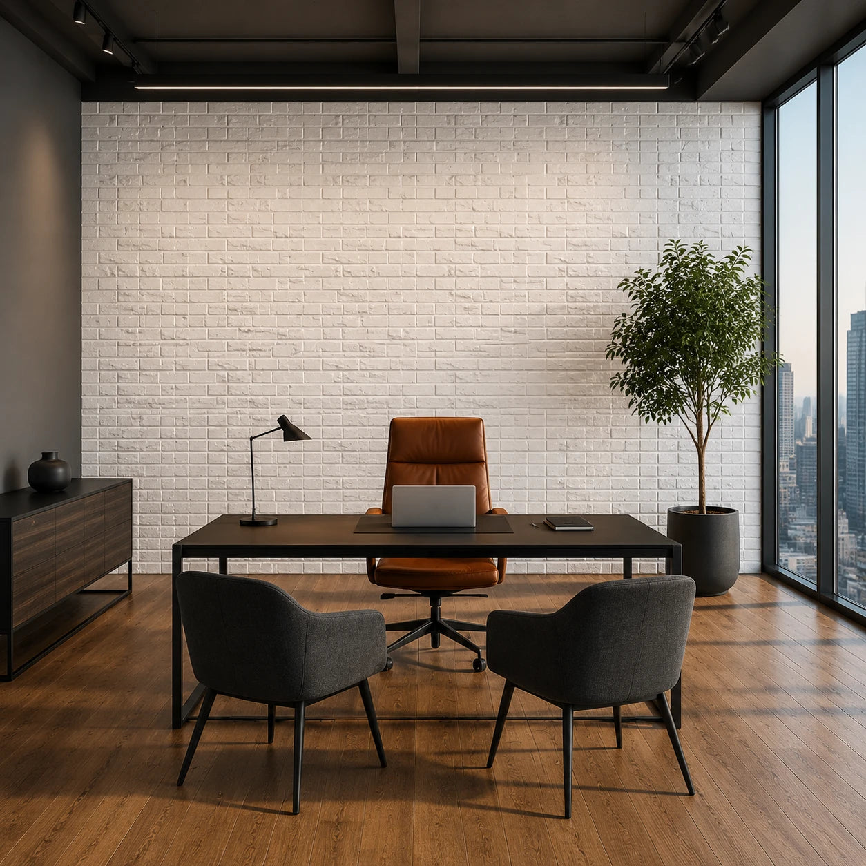Front view of a modern executive office featuring white Old Brick 3D polystyrene wall panels and floor-to-ceiling city windows