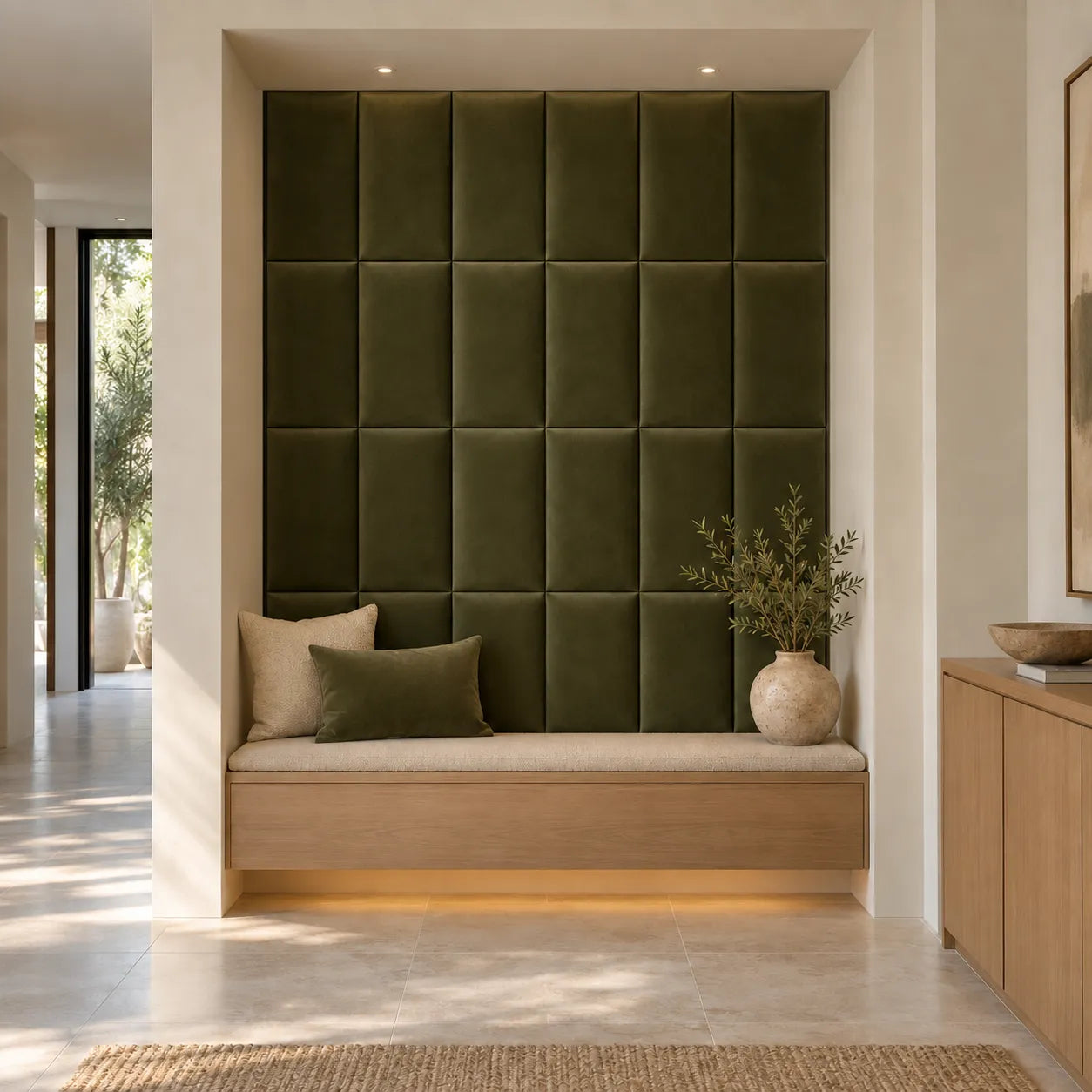 Olive green upholstered wall panels in a contemporary seating alcove