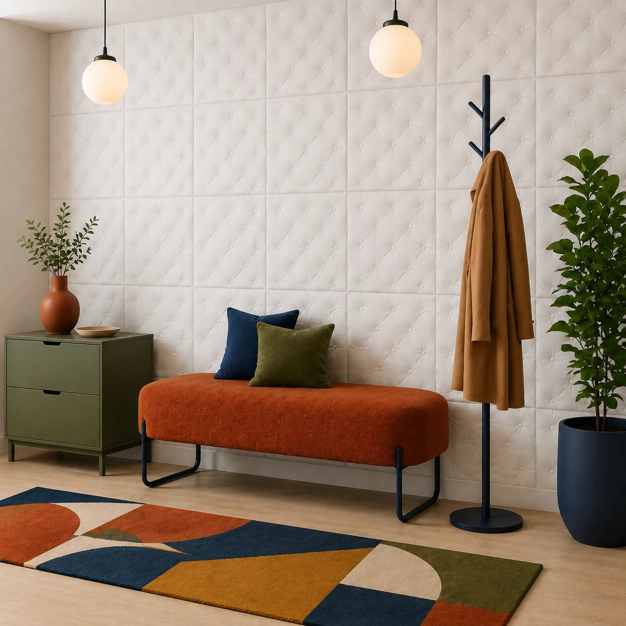 Modern entryway with white PILLOW 3D polystyrene wall panels, orange bench, colourful rug and pendant lights