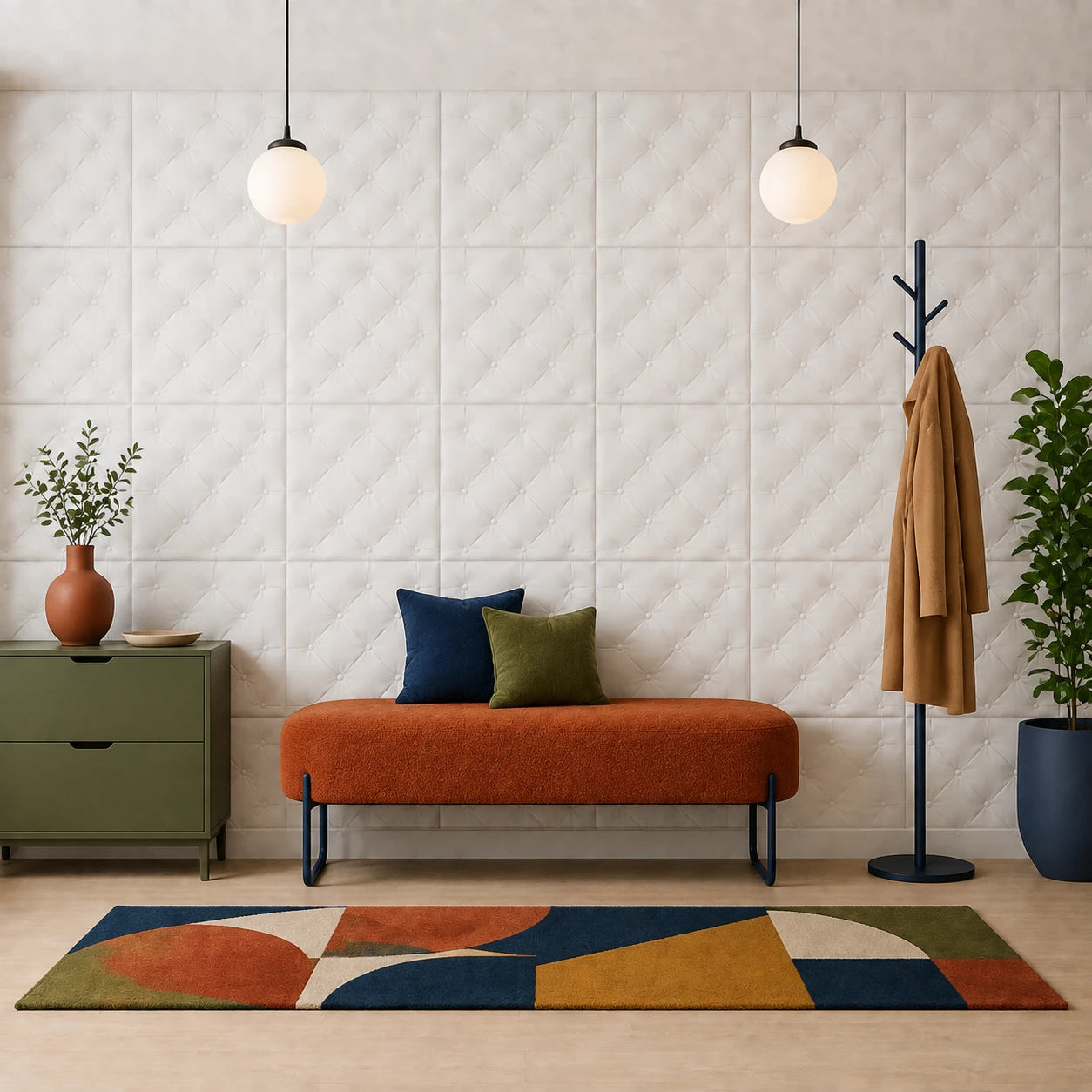 Front view of a modern hallway featuring white tufted PILLOW 3D wall panels, an orange bench and colourful décor