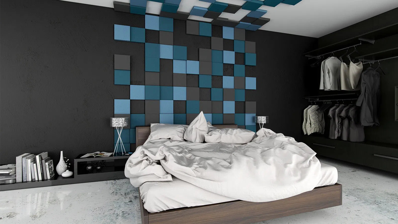 PIXEL L Soft Acoustic Wall Panels in bedroom interior Decormania UK