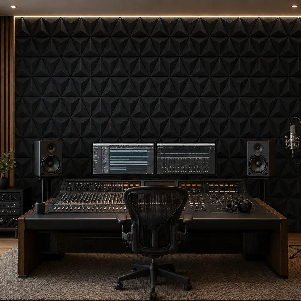 Black PYRAMID 3D acoustic felt wall panels in a professional recording studio with a mixing console, monitor speakers and microphone