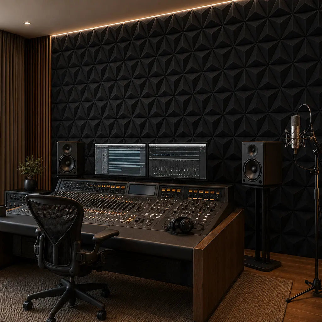 Black PYRAMID 3D acoustic felt wall panels viewed from the right in a modern recording studio with professional audio equipment
