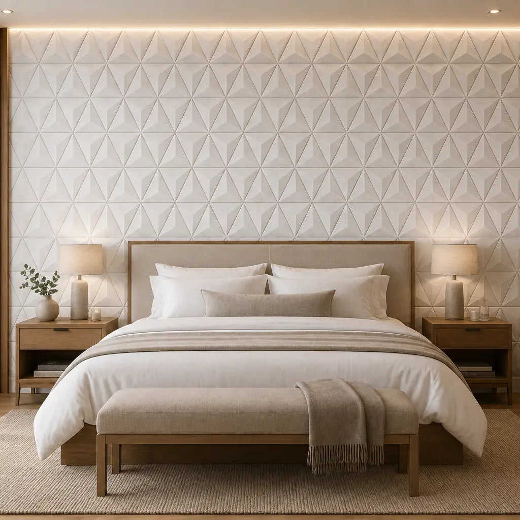 White PYRAMID 3D acoustic felt wall panels in an elegant hotel bedroom with a wooden bed, neutral textiles and warm ambient lighting front view
