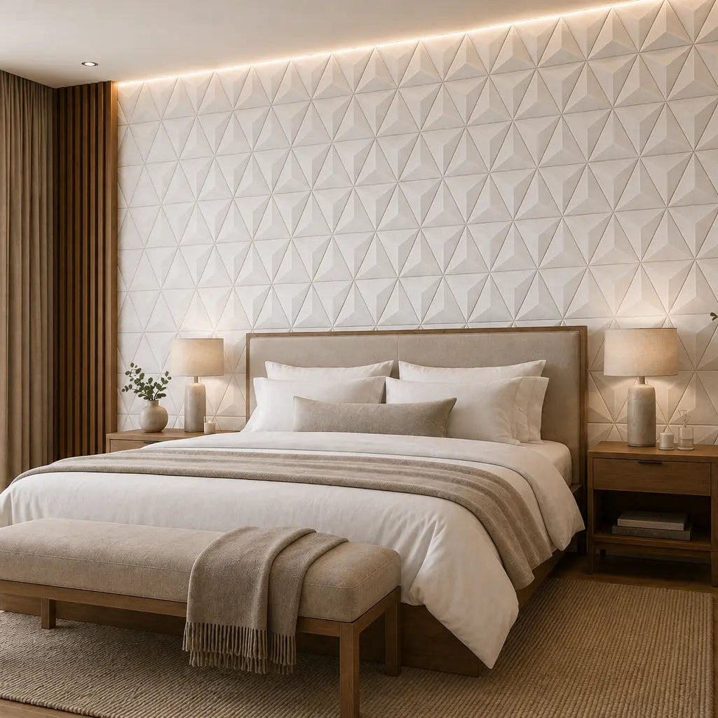 White PYRAMID 3D acoustic felt wall panels in an elegant hotel bedroom with a wooden bed, neutral textiles and warm ambient lighting side view