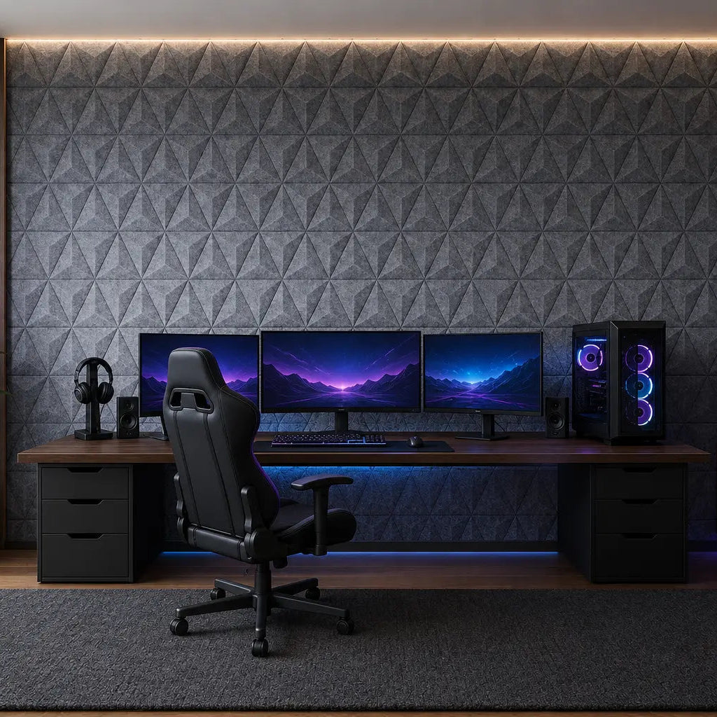 Grey PYRAMID 3D acoustic felt wall panels in a modern gaming room with three monitors, an illuminated PC and subtle RGB lighting