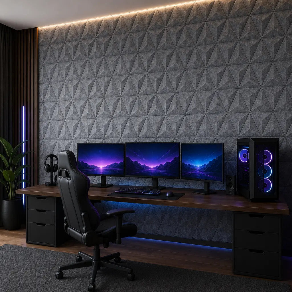Grey PYRAMID 3D acoustic felt wall panels viewed from the right in a contemporary gaming room with a triple-monitor setup