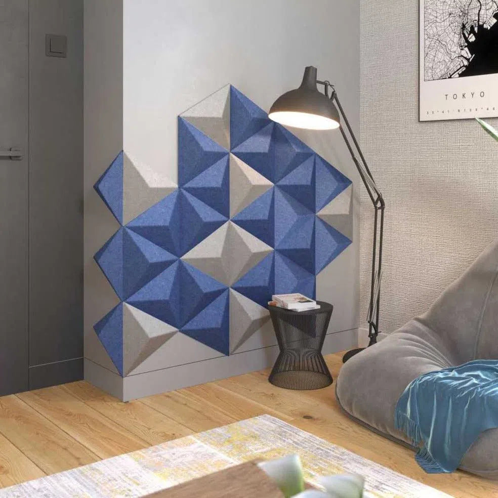 PYRAMID 3D Acoustic Felt Wall Panels feature wall composition INDIGO Multipack Decormania UK
