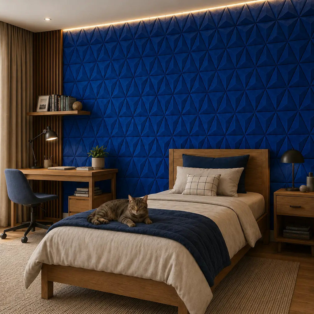 Indigo PYRAMID 3D acoustic felt wall panels viewed from the right in a tennis-themed boy’s bedroom with a wooden bed and resting cat