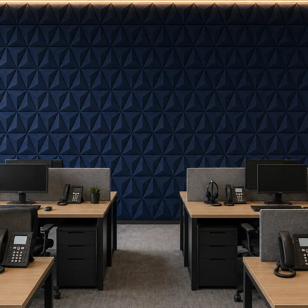 Navy PYRAMID 3D acoustic felt wall panels in a modern call centre office, featuring a sharp geometric relief and textured finish front view