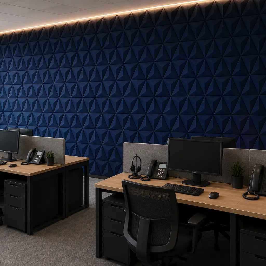 Navy PYRAMID 3D acoustic felt wall panels in a modern call centre office, featuring a sharp geometric relief and textured finish side view