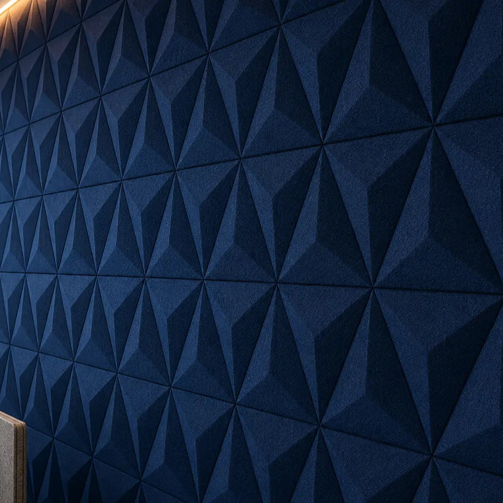 Navy PYRAMID 3D acoustic felt wall panels in a modern call centre office, featuring a sharp geometric relief and textured finish close up view
