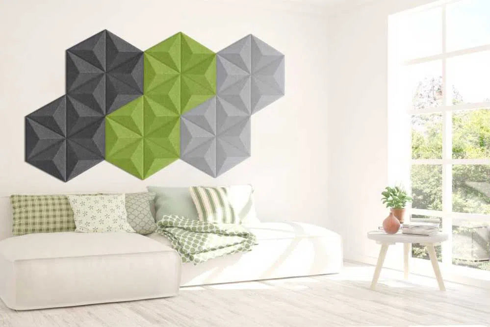 PYRAMID 3D Acoustic Felt Wall Panels in living room interior OLIVE Multipack Decormania UK