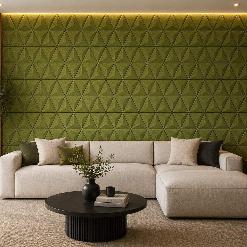 Olive PYRAMID 3D acoustic felt wall panels in a modern living room with a cream sectional sofa, wooden furniture and warm lighting front view