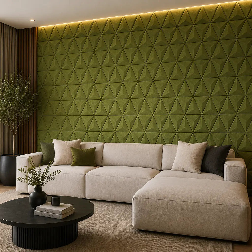 Olive PYRAMID 3D acoustic felt wall panels in a modern living room with a cream sectional sofa, wooden furniture and warm lighting side view