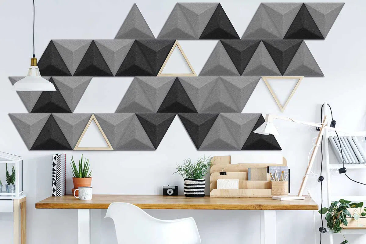 PYRAMID Acoustic 3D Felt Wall Panels in office interior GREY Multipack Decormania UK