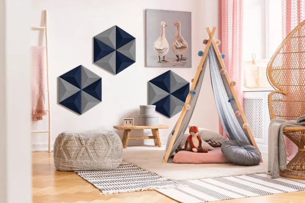 PYRAMID Acoustic 3D Felt Wall Panels in childrens room NAVY Multipack Decormania UK