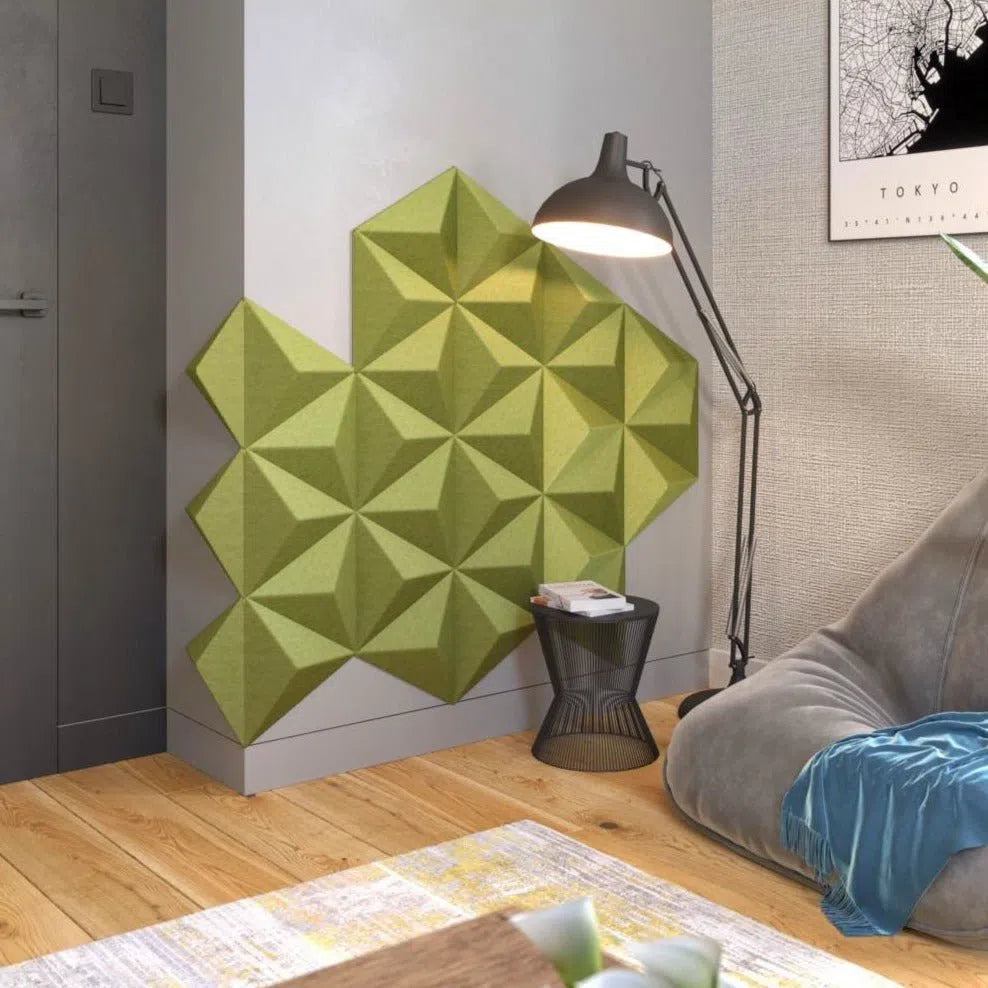 PYRAMID Acoustic 3D Felt Wall Panels feature wall composition OLIVE Multipack Decormania UK