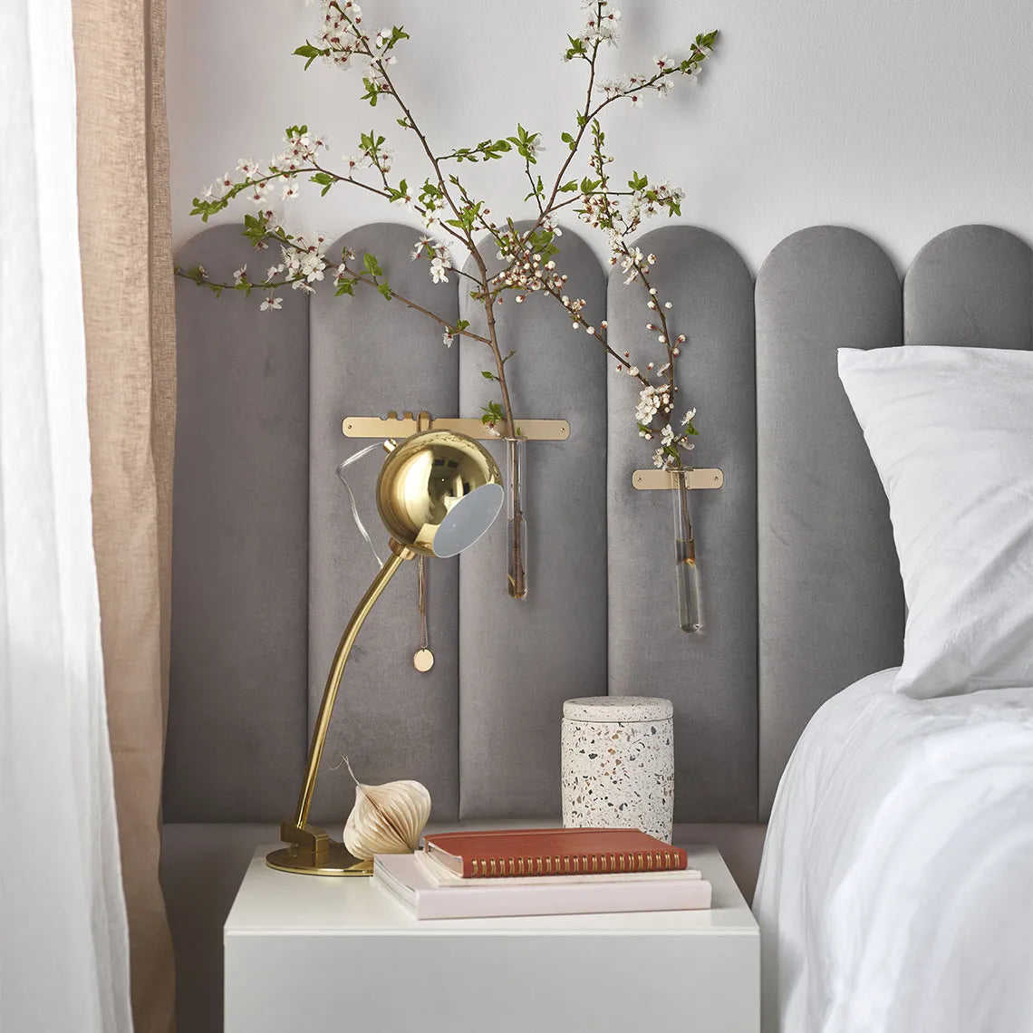 Padded Wall Boards Accessories - Decorative Strip 1 Gold behind bed on grey panels Decormania UK