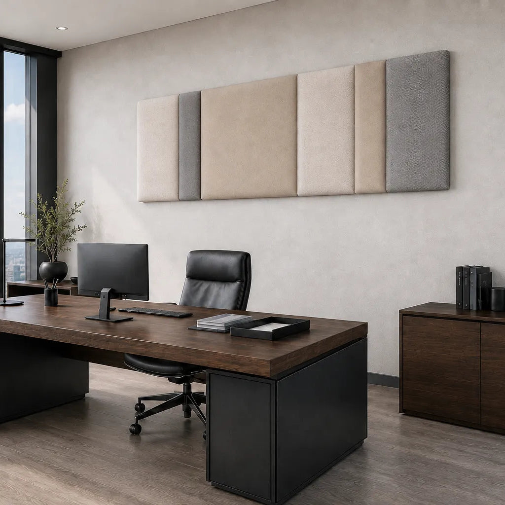 ngled view of a rectangular upholstered wall panel with alternating beige, cream and grey sections above a dark wooden office desk