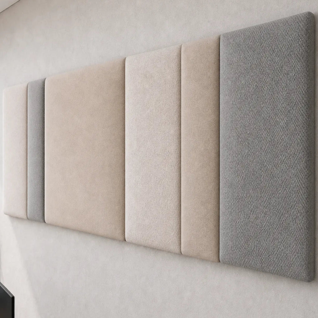 Close-up angled view of a multi-section upholstered wall panel, highlighting its varied panel widths, padded relief and contrasting woven fabric textures