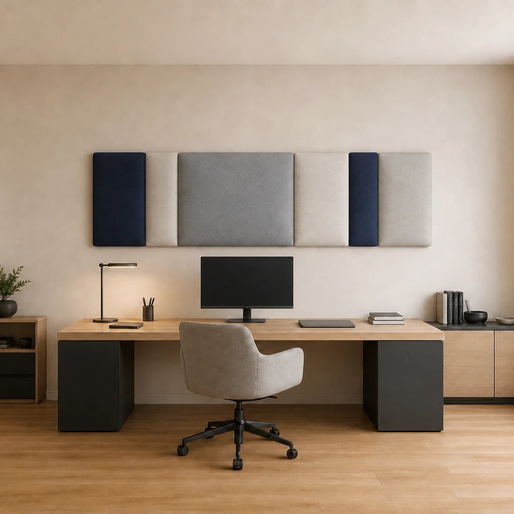 Front view of a multi-section navy, grey and cream upholstered wall panel displayed above a wooden desk in a bright modern home office.