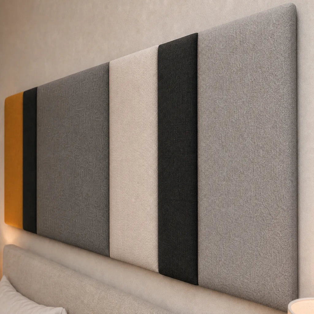Close-up angled view of a multi-section upholstered wall panel, highlighting its mustard, black, charcoal and cream colours, varied widths and contrasting fabric textures