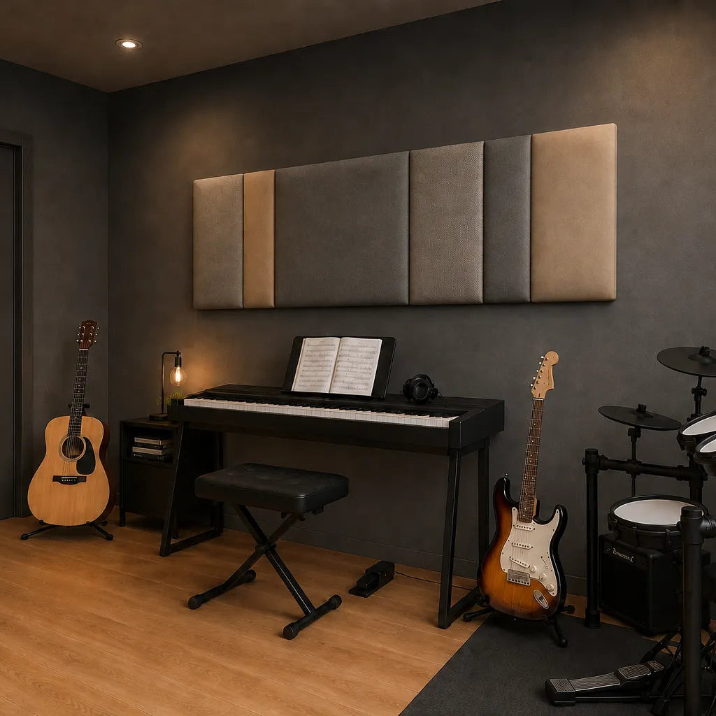 Angled view of a rectangular upholstered wall panel with alternating neutral sections above a piano, guitars and an electronic drum kit
