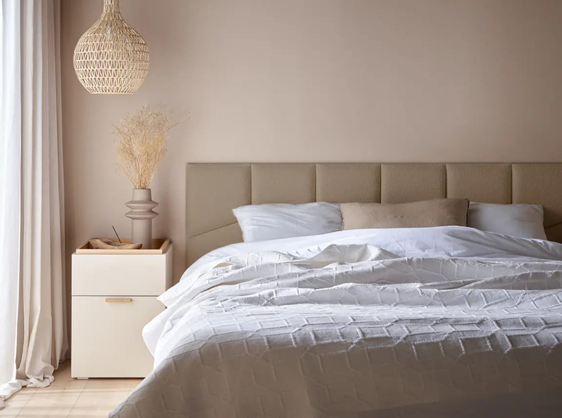 Padded Wall Panels Set 2 Beige in bedroom interior Decormania UK