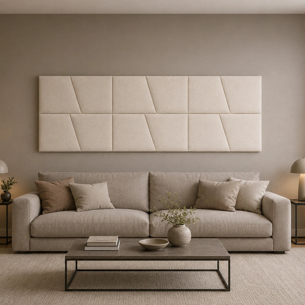 Front view of a large cream upholstered wall panel with geometric diagonal seams, displayed above a neutral sofa in a modern living room