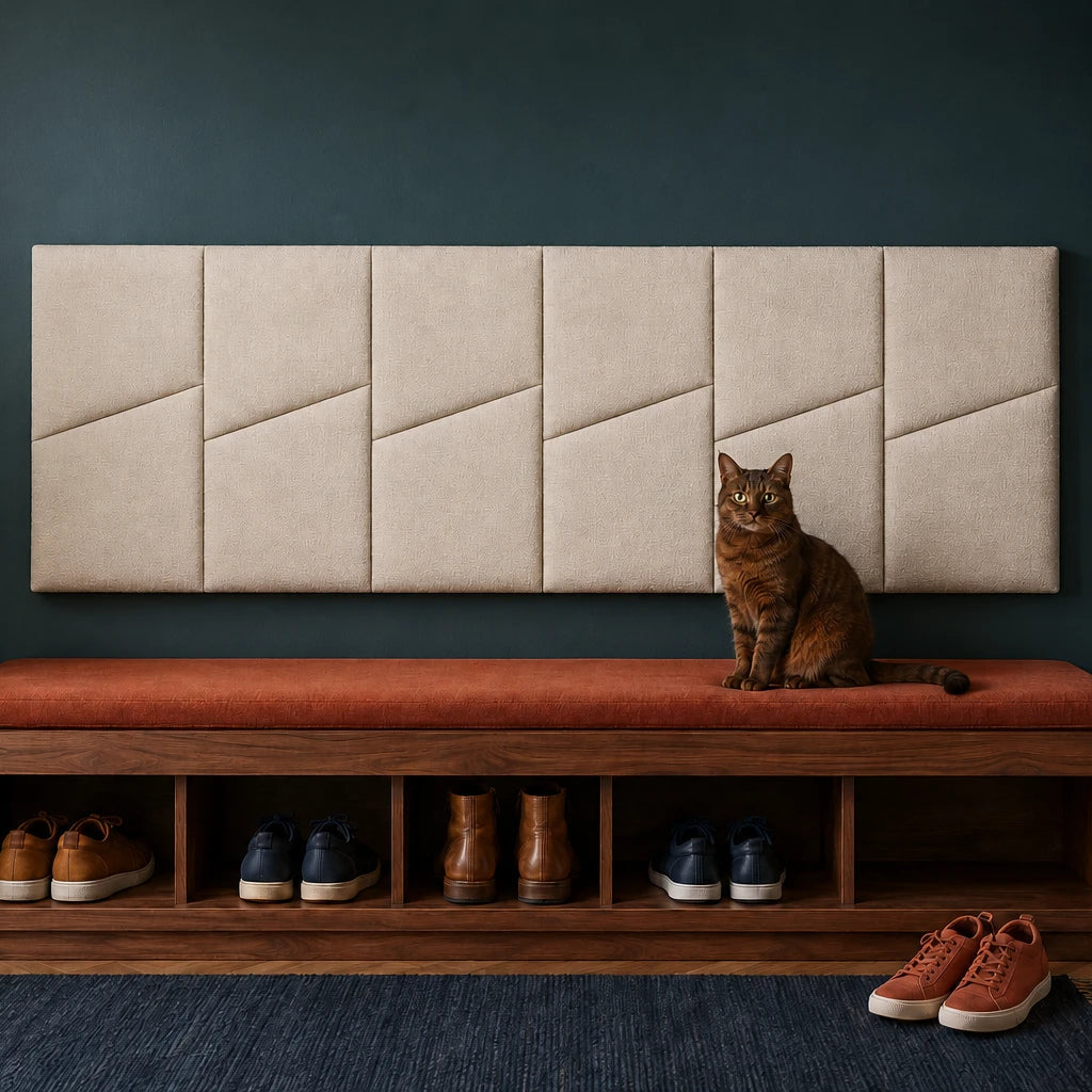 Front view of six cream padded wall panels with diagonal seams above an entryway bench on a dark teal wall