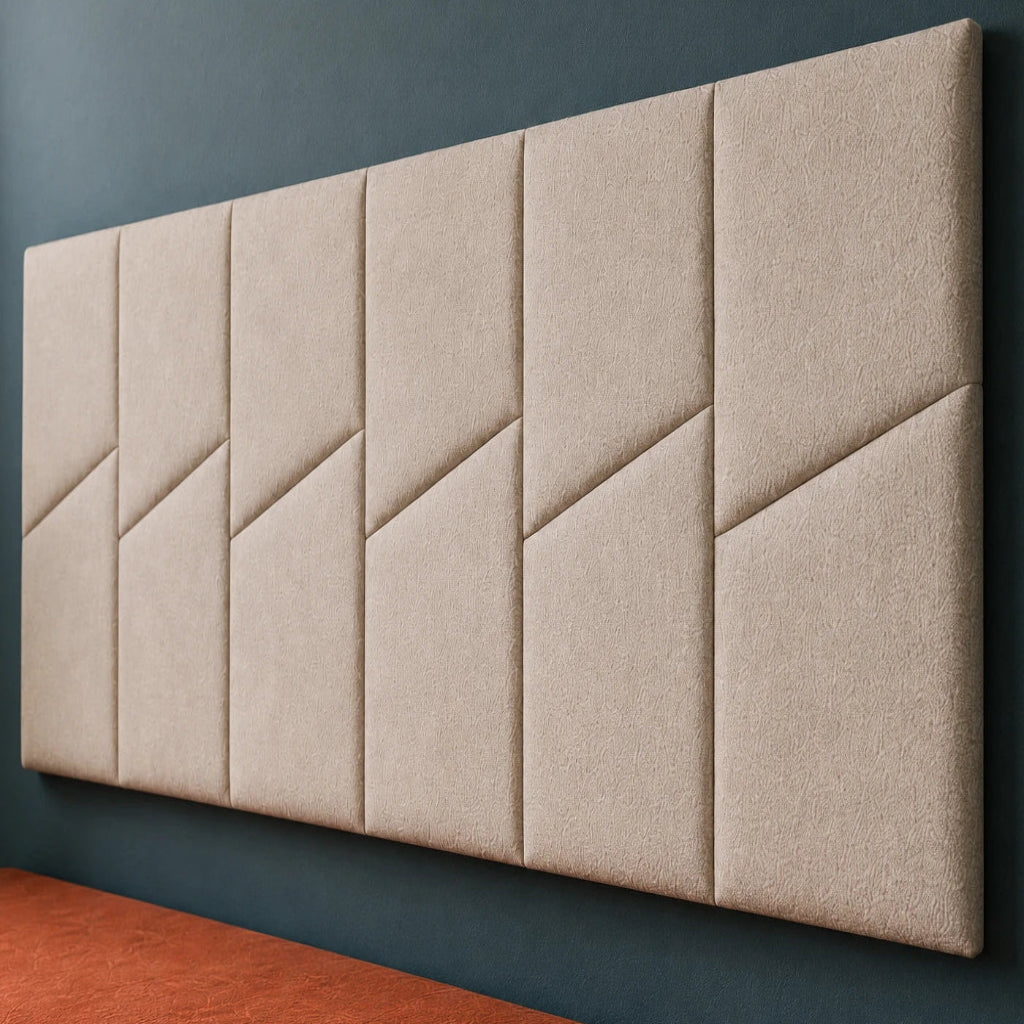 Angled view of six cream upholstered wall panels installed above a wooden hallway bench with a seated tabby cat