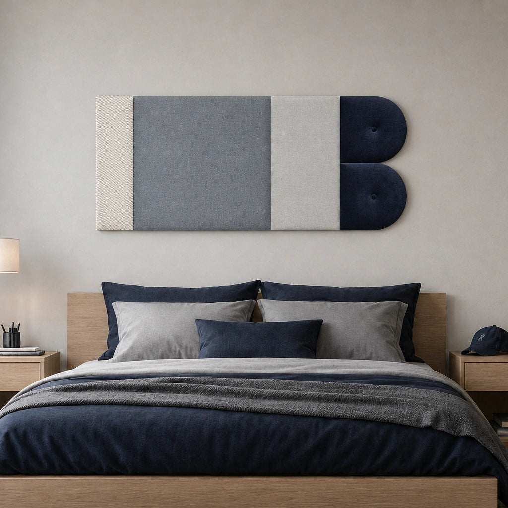 Front view of a geometric upholstered wall panel in cream, light grey and navy, displayed above a wooden bed in a modern bedroom