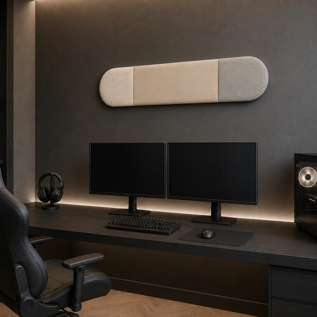 Angled view of a three-section beige, cream and light grey upholstered wall panel displayed above a dual-monitor gaming setup