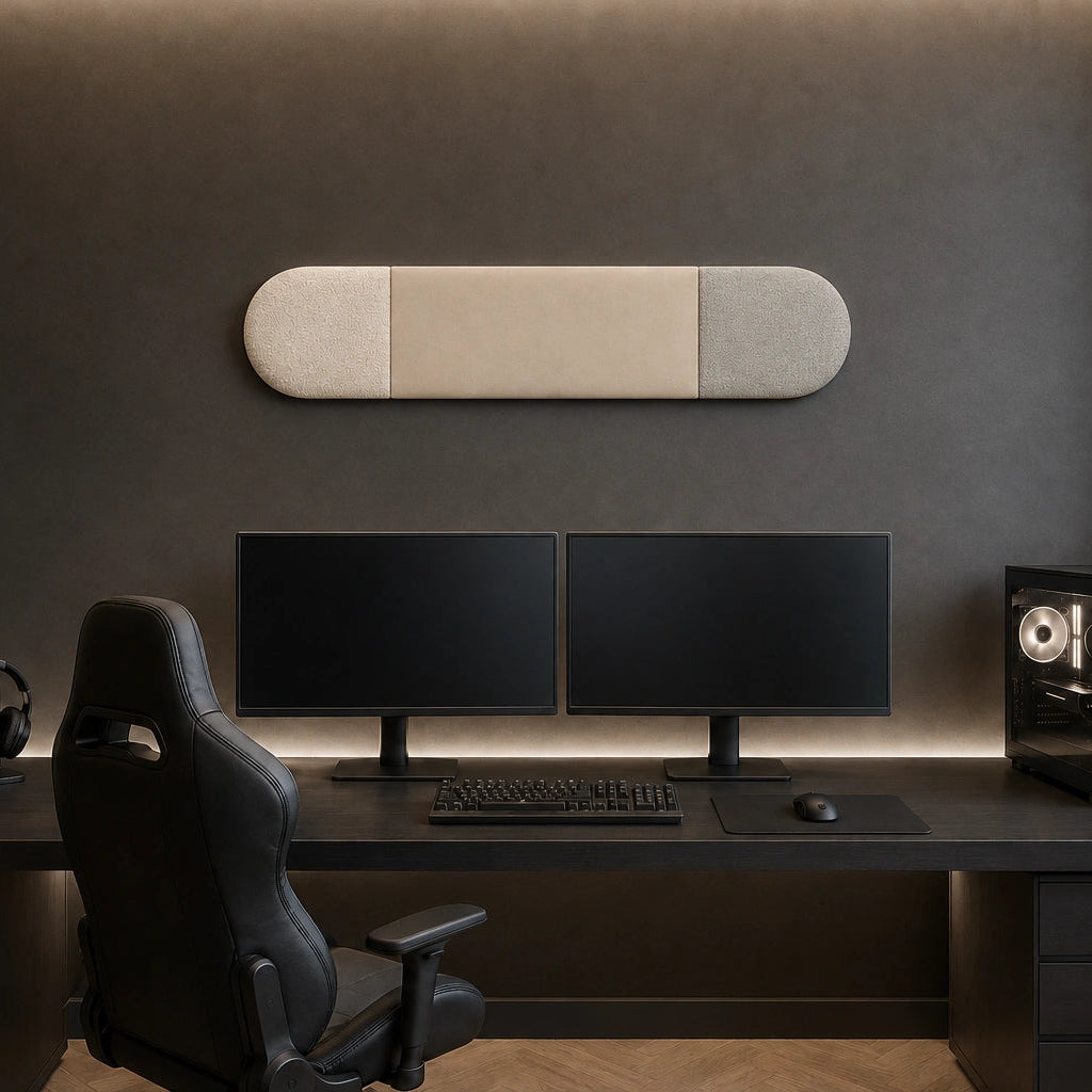 Front view of a rounded three-section upholstered wall panel mounted above a modern black gaming desk with two monitors