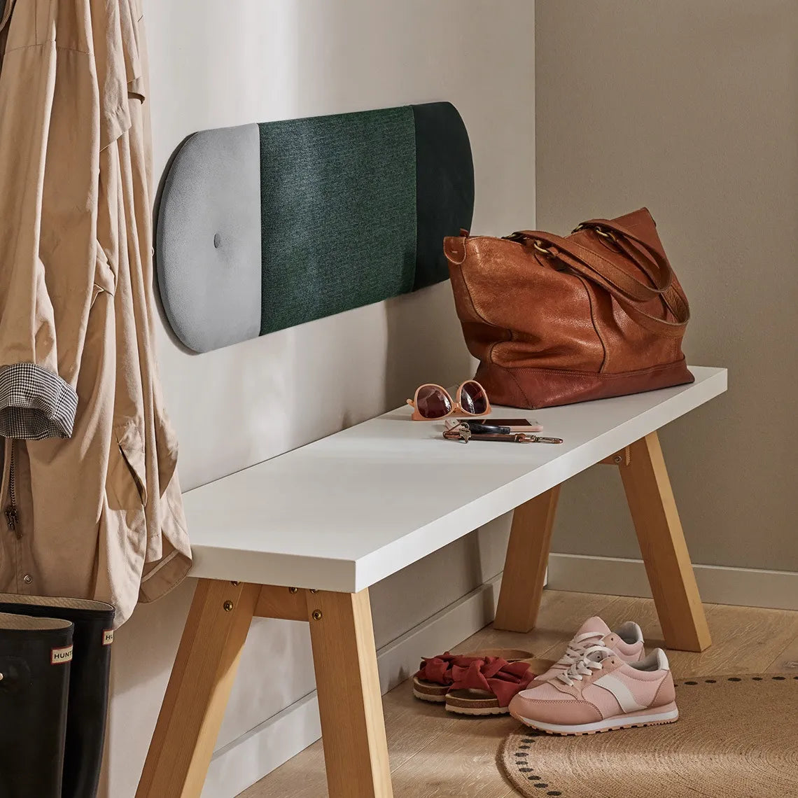 Padded Wall Panels Set 4 Green on beige wall in the hallway Decormania UK